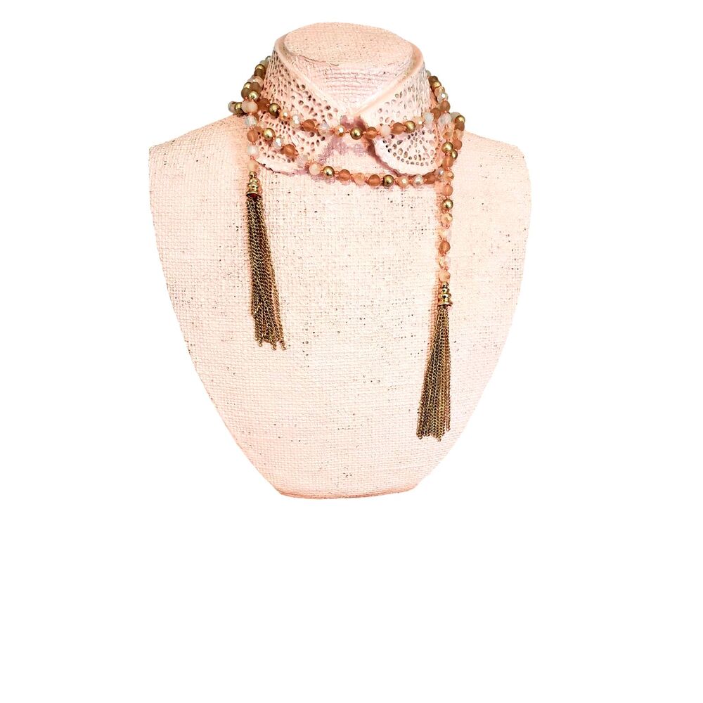 Y2K Lariat Necklace Hand Knotted Glass Gold Pink Tassel Fairycore Balletcore